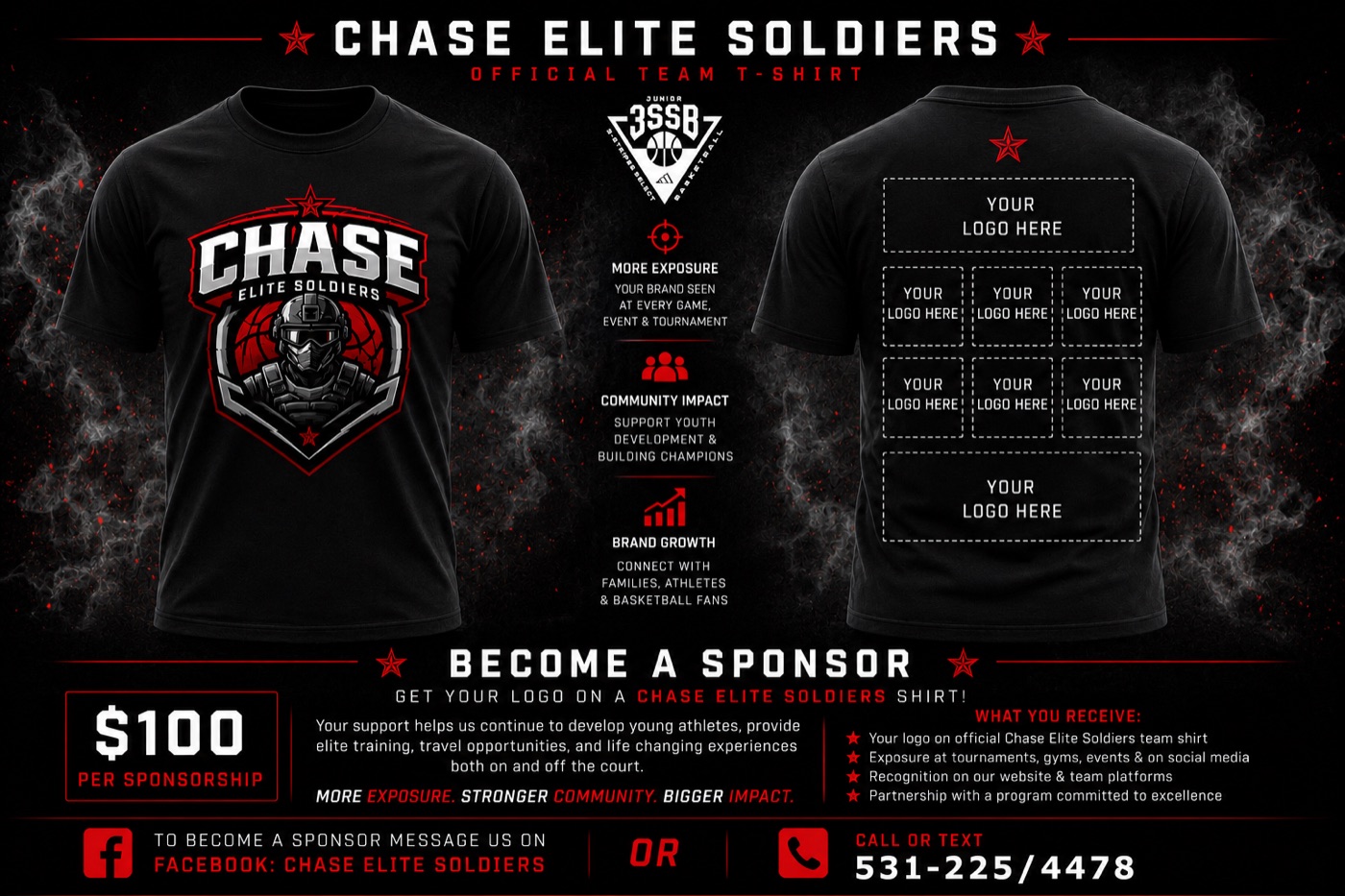 Chase Elite Soldiers official team t-shirt with sponsor logos on the back